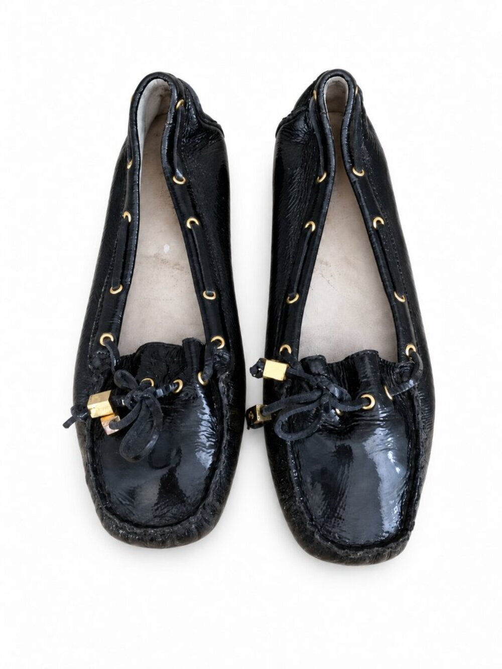 Michael Kors Sutton Black Patent Leather Moccasin Loafers Womens US 8 Gold Chic